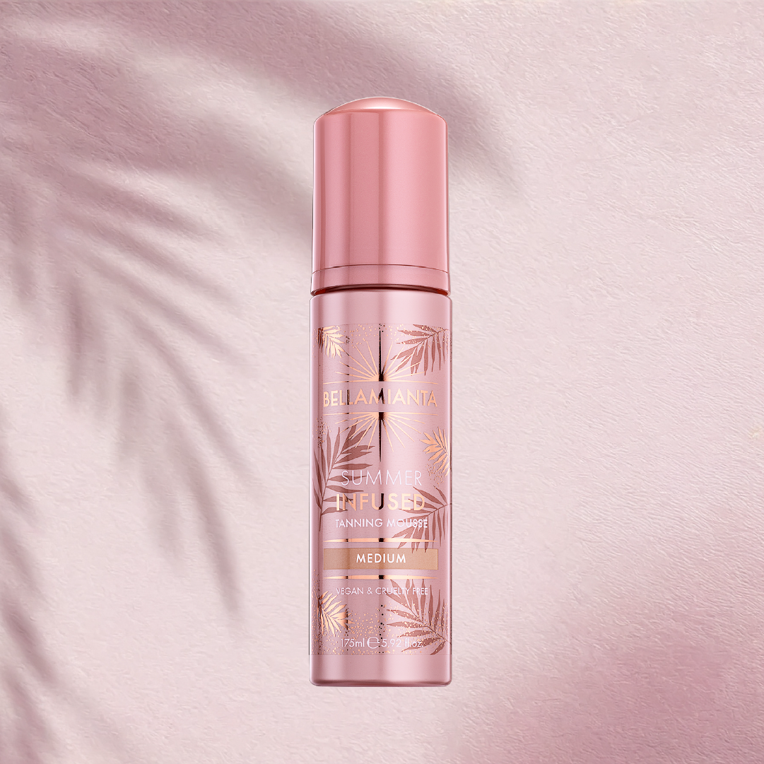 Bellamianta Medium Summer Infused Tanning Mousse, this fake tan is perfect to achieve a sunkissed tan that lasts up to 7 days. Bellamianta are Boots No.1 Tanning Brand in Ireland, Irish Owned, Award Winning, Vegan and Crutely Free.